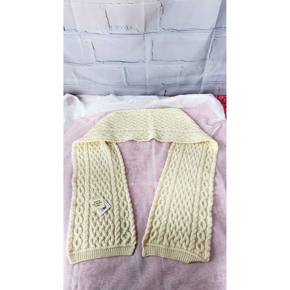 Aran Crafts 100% Merino Wool Trellis Pattern Scarf Natural Cream Ireland X4840